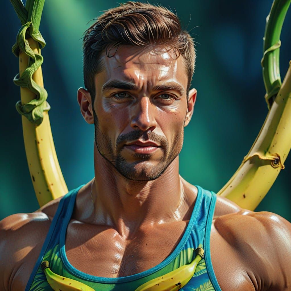 Hyper-Realistic Portrait of a Muscular Man in a Vibrant Bana...