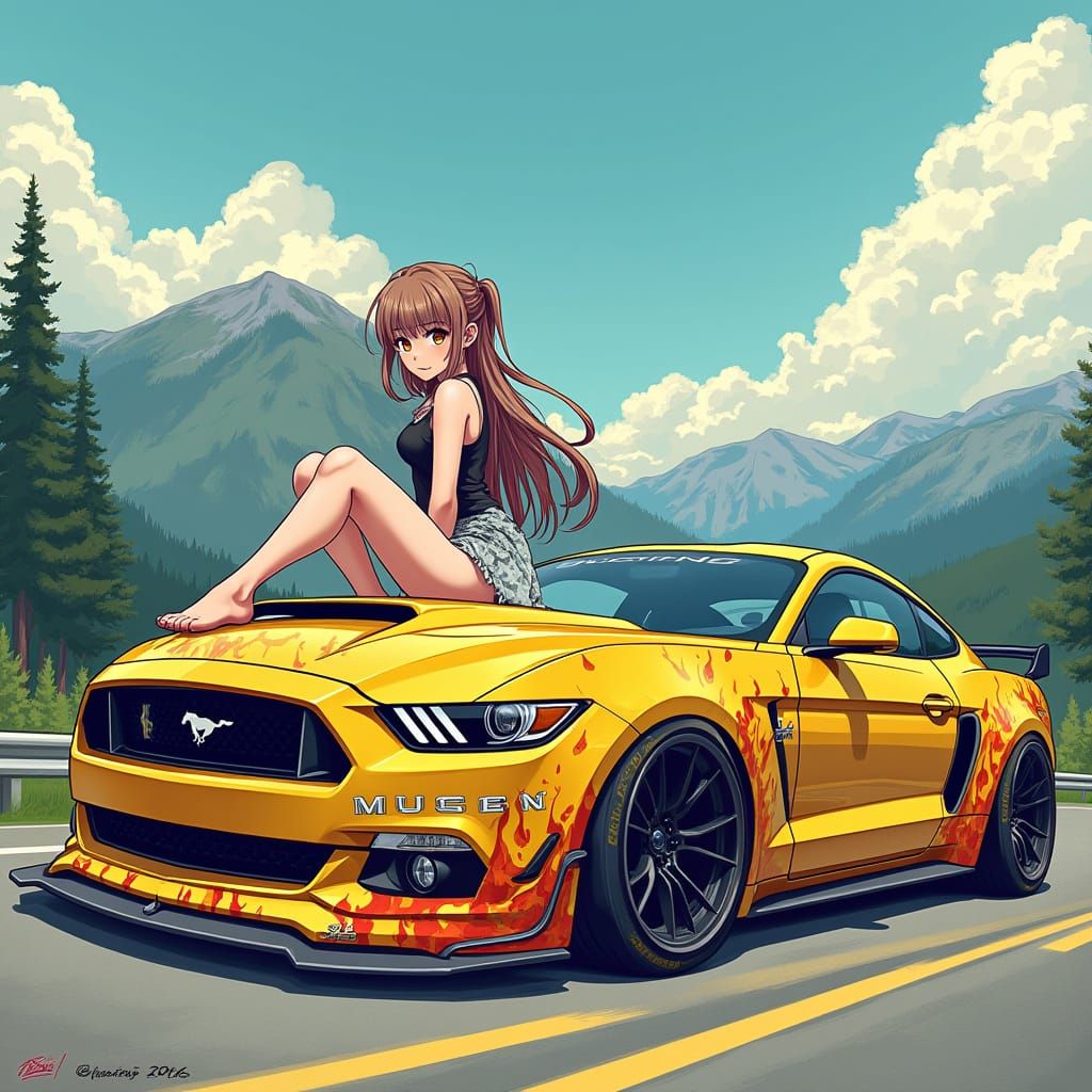 Anime Girl on Modified Mustang Inspired by Takashi Murakami