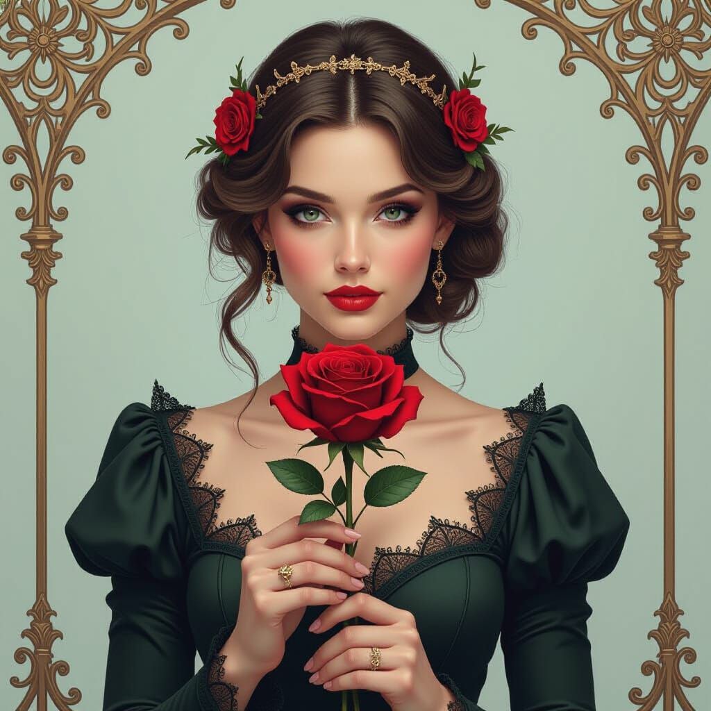 Woman with Iron Rose in Graphic Novel Style