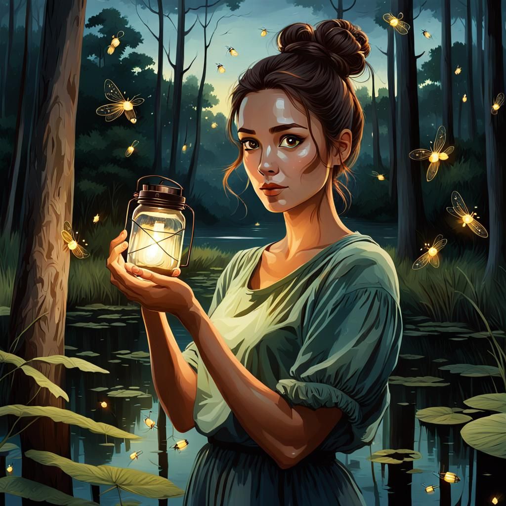 Woman Captures Fireflies at Dusk in Bayou