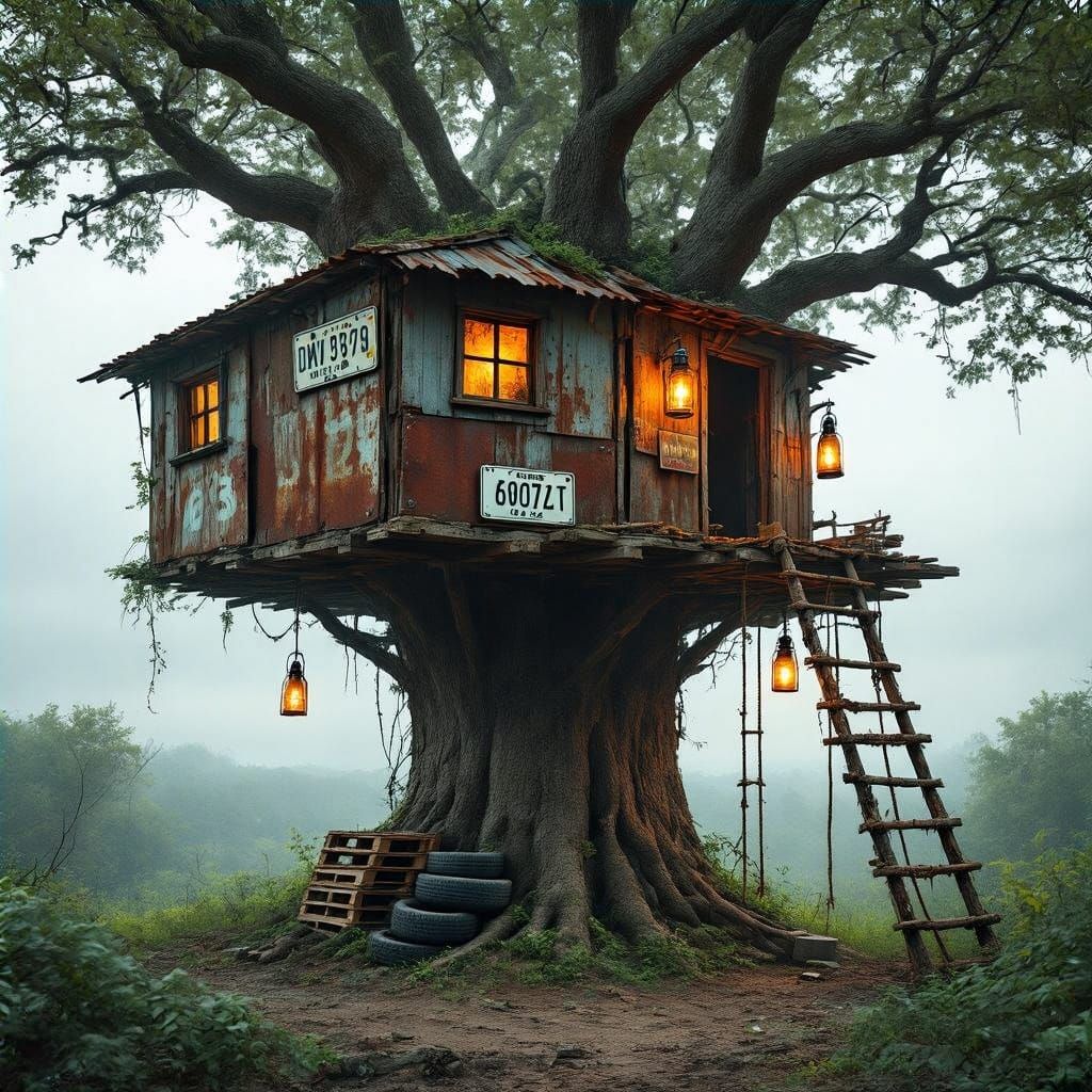 Resilient Treehouse Amidst Post-Apocalyptic Ruin