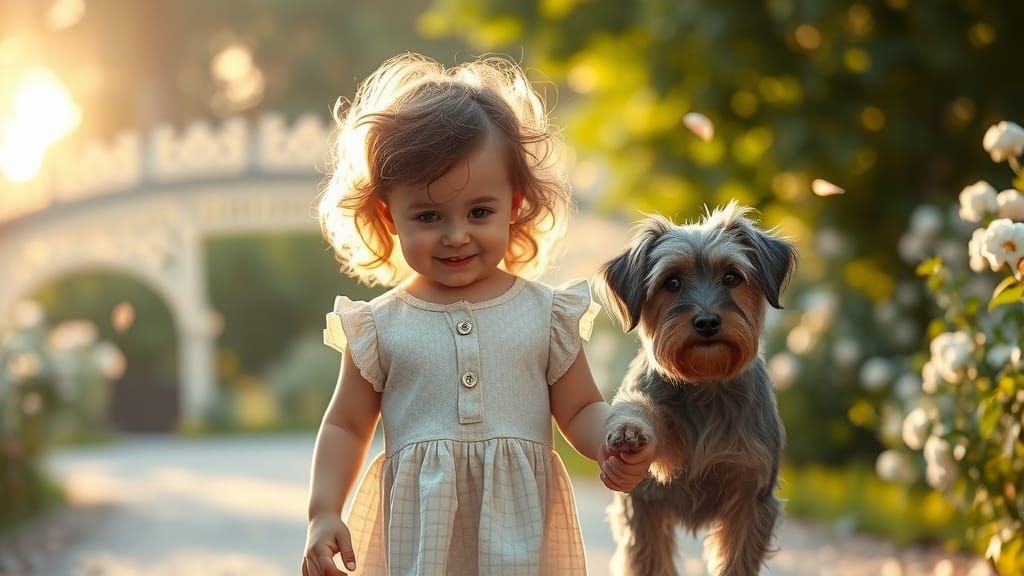 Baby Girl and Schnauzer Stroll in Cyberpunk Garden