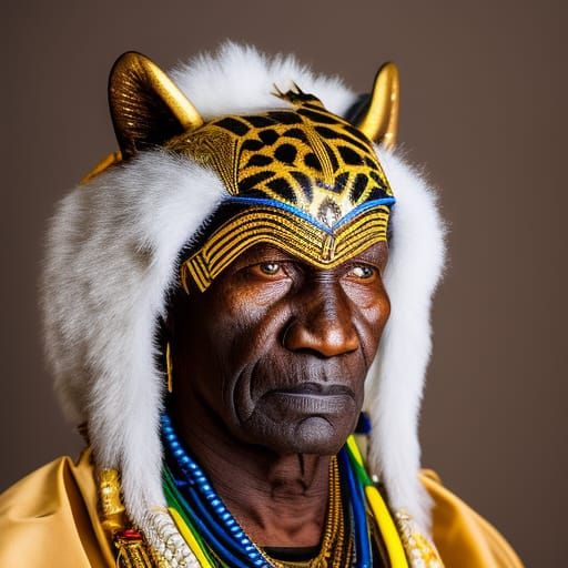 Elderly African Warrior Chief with Panther Mask
