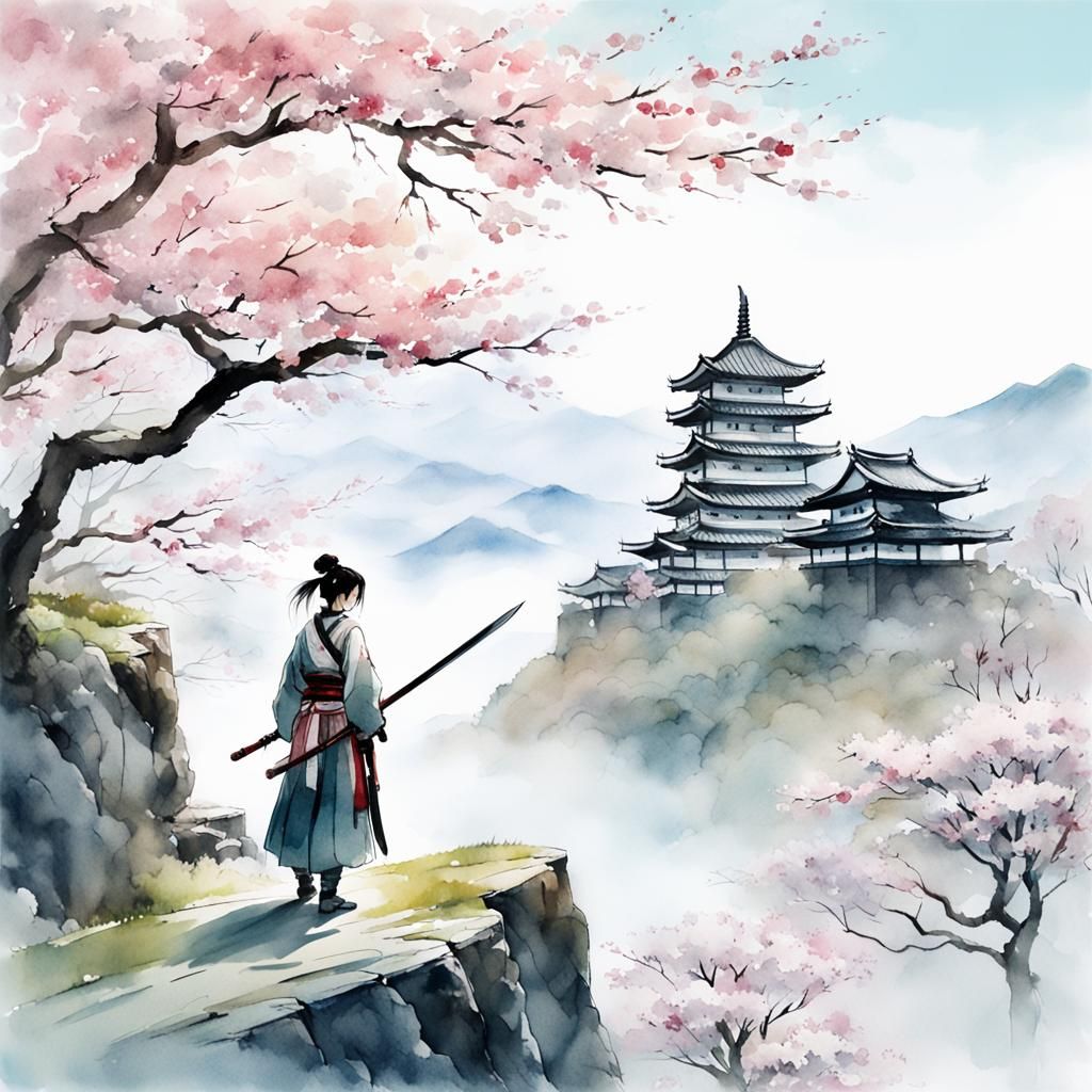 Female Samurai on Misty Peak: Japanese Watercolor Art