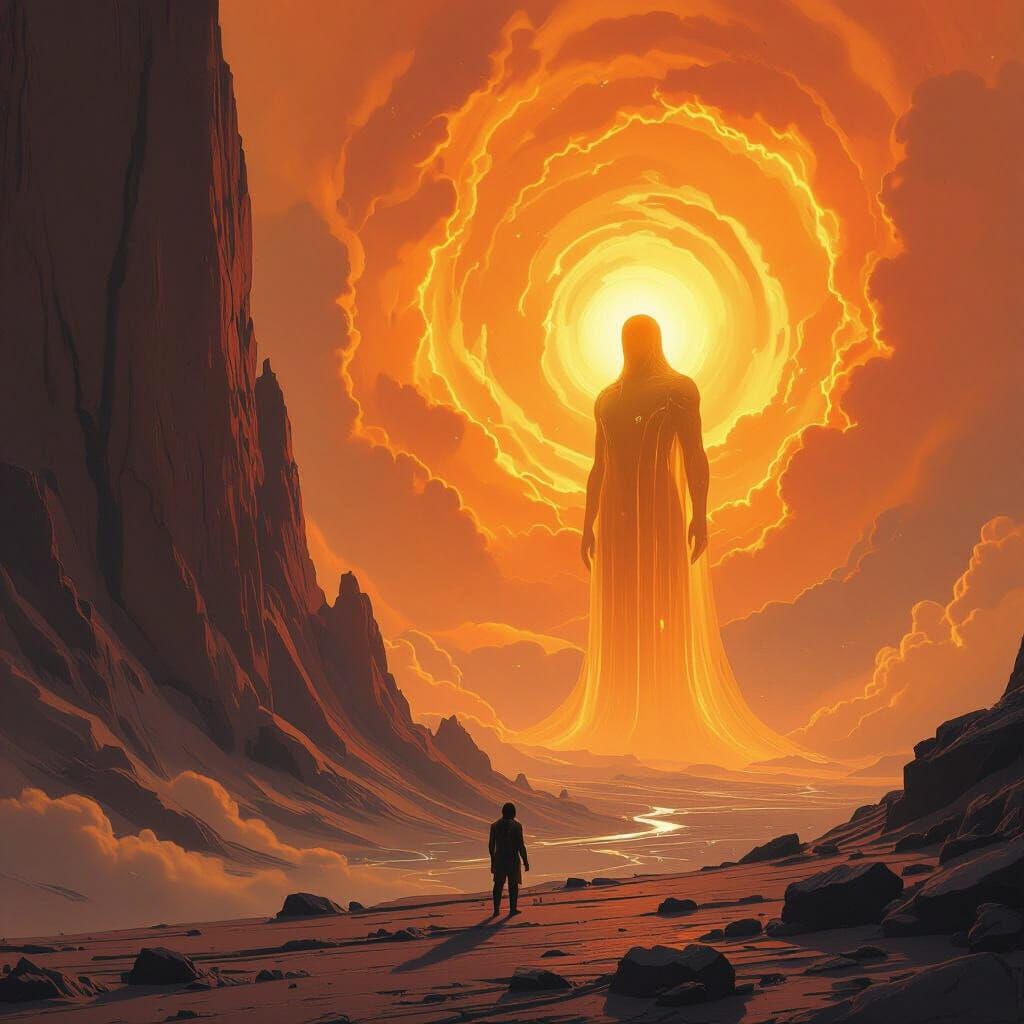 Godly Being Gazes at Orange Nebula in Retro Futurism Style