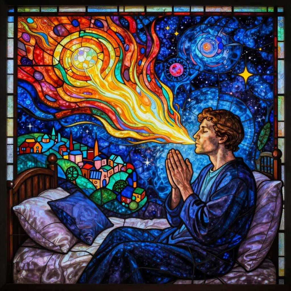 Vibrant Stained Glass Prayer Scene with Celestial Breath