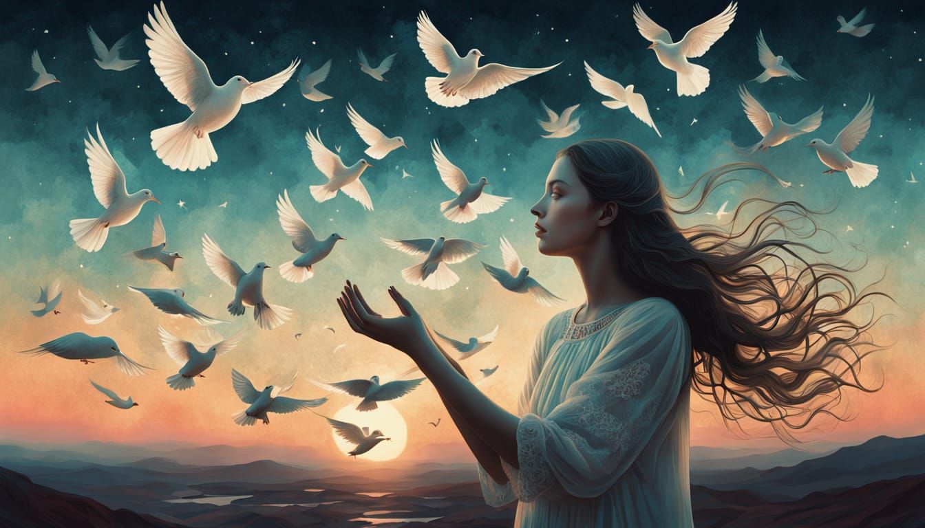 Ethereal Goddess Nurtures Doves Amidst Cosmic Whirlwinds