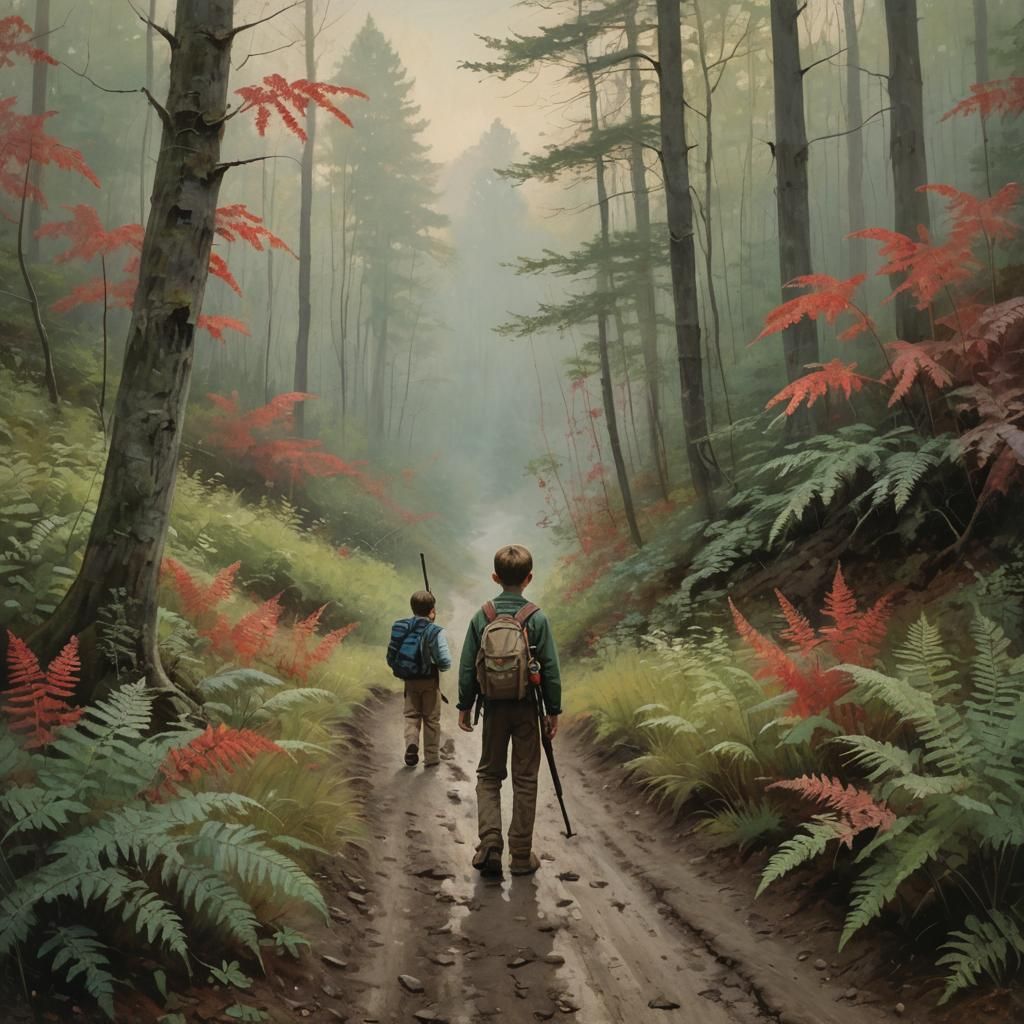 Boy in Appalachian Woods with Red Ferns Painting