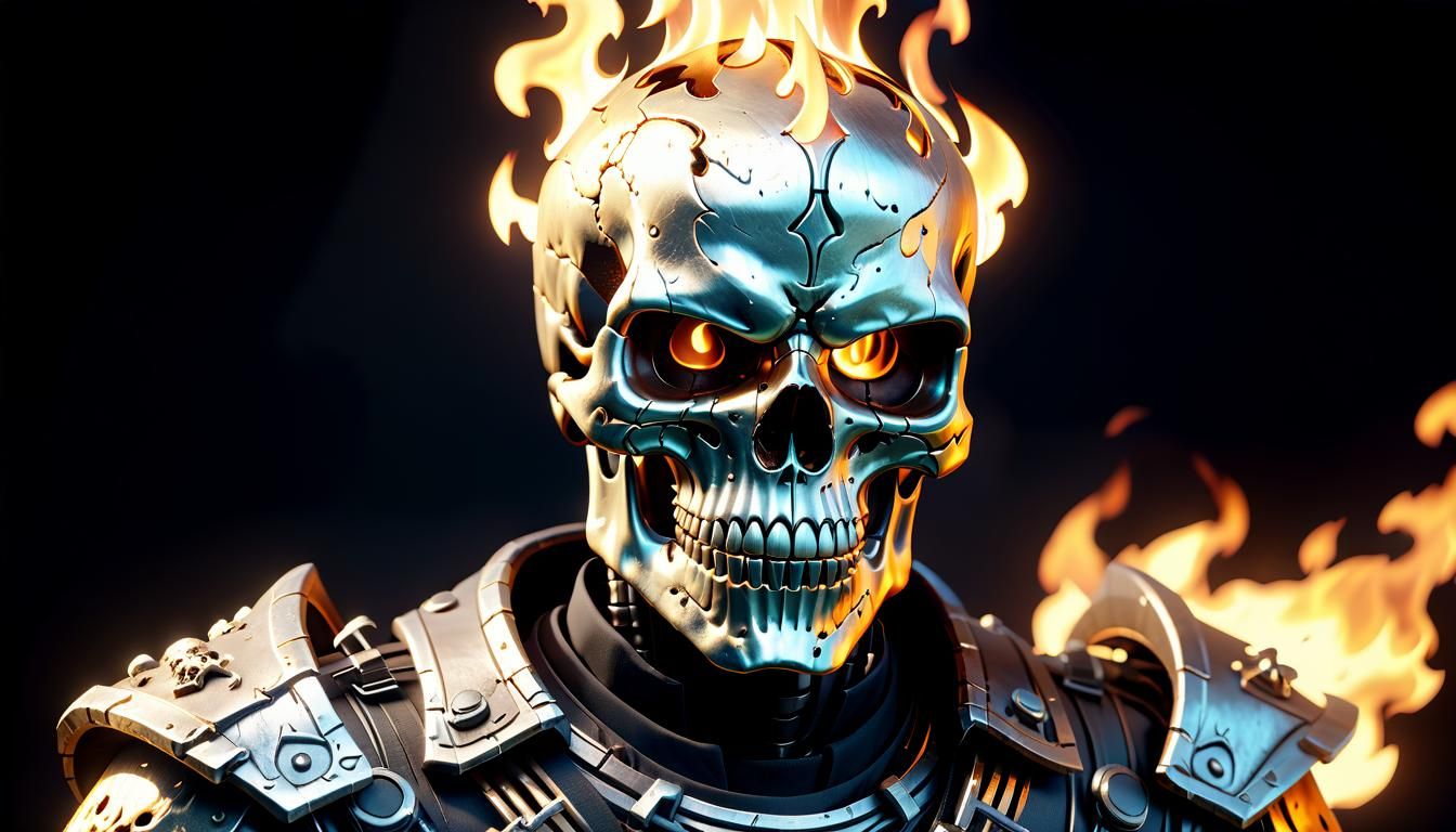 Flaming Skull in Metal Costume: 3D Cinematic Graphics