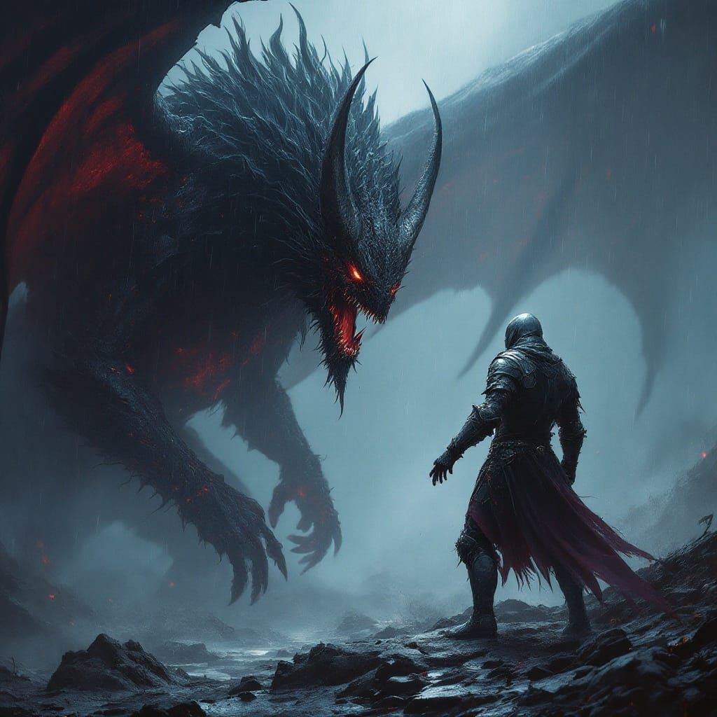 Knight Faces Winged Demon in Rain