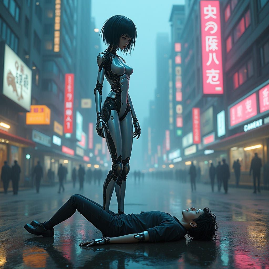 Glitching Robot Girl Overlooks Human in Dystopian Metropolis