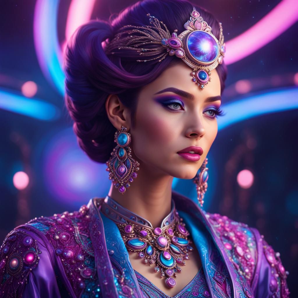 Beautiful Woman in Futuristic Jewelry with Galaxy Background