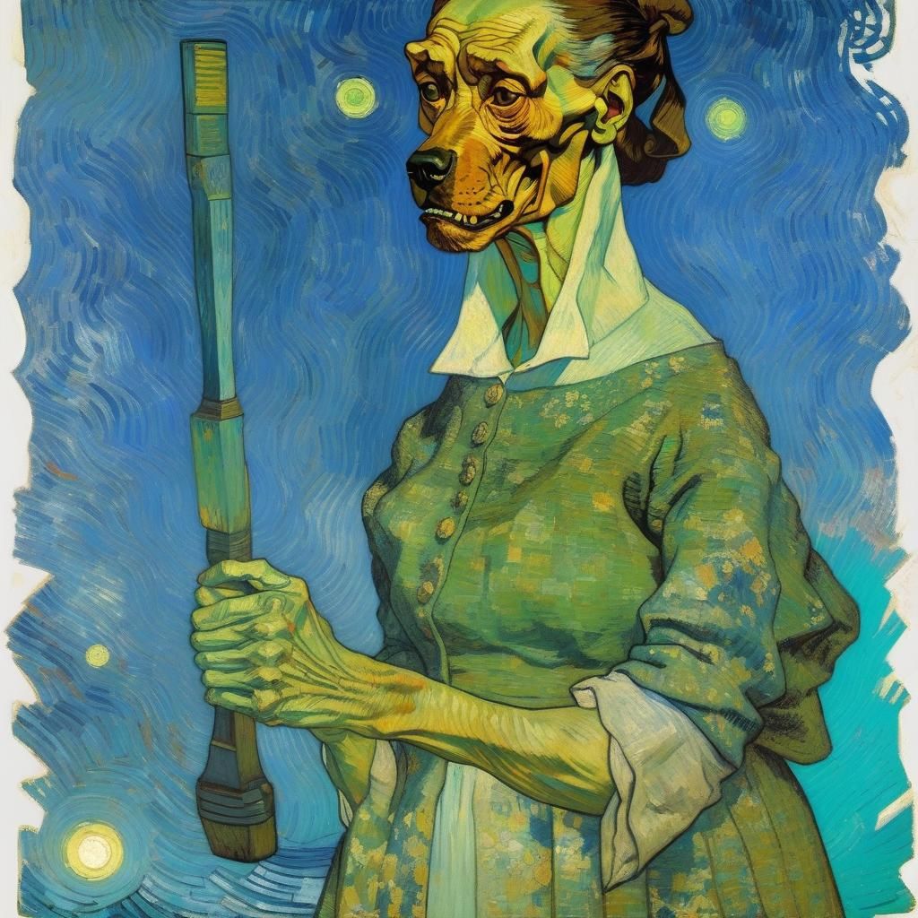 Fluorescent Dog and Old Woman, in Post-Impressionist Style