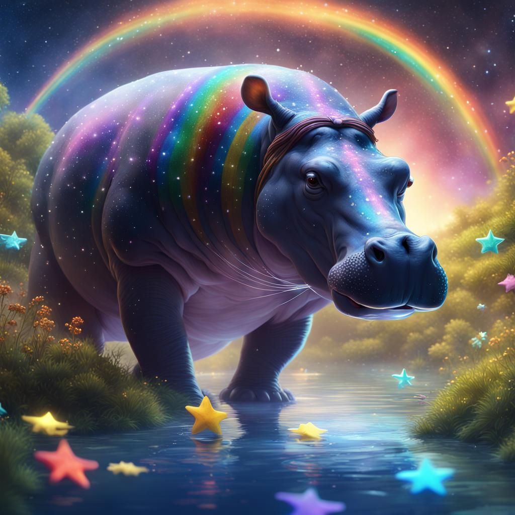 Rainbow Hippo Swimming in Starry River, Anime Style