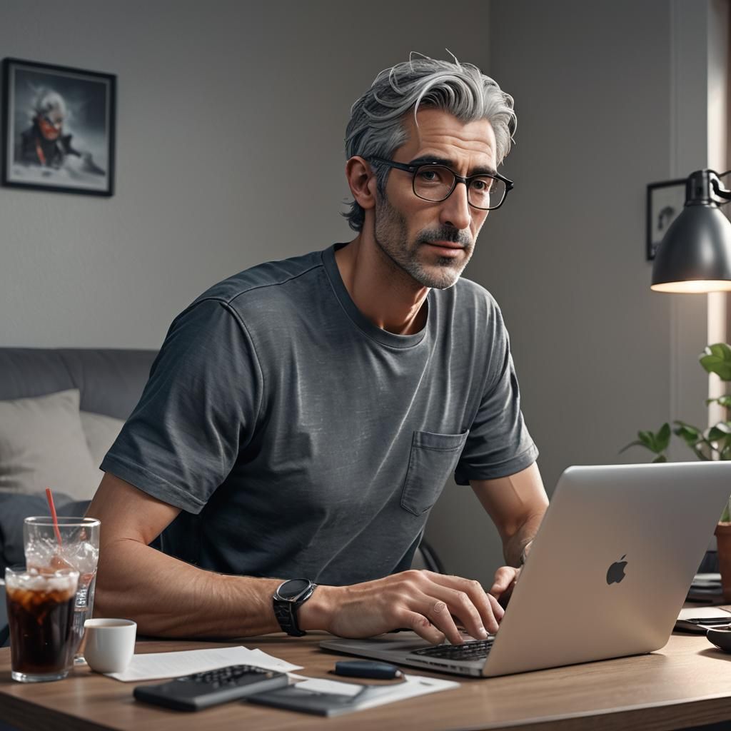 Handsome Man with Laptop: Detailed Digital Painting