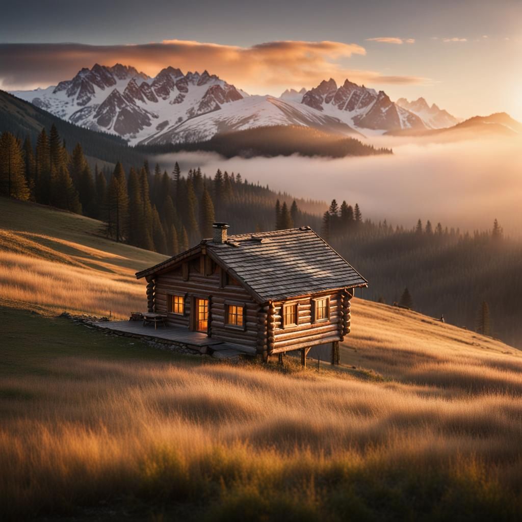 Wooden Cabin at Sunrise in a Mountain Landscape