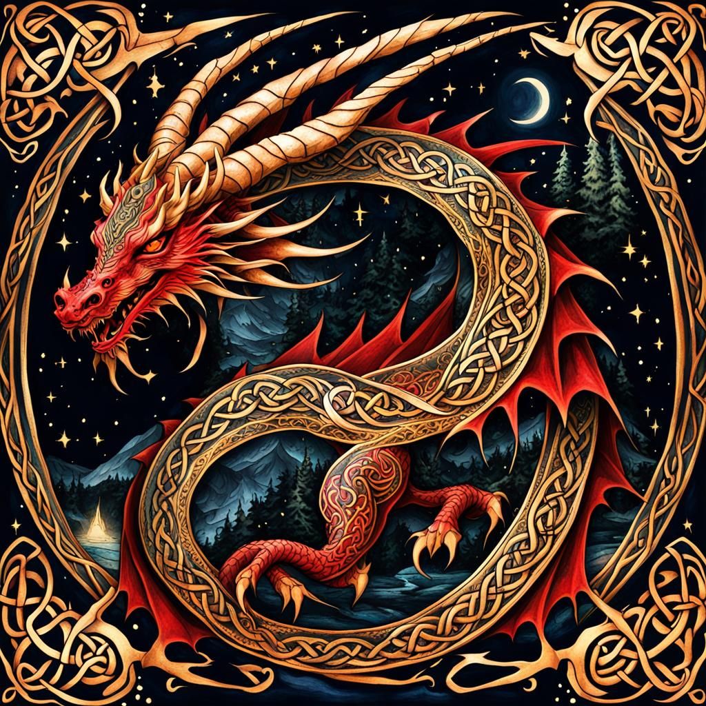 Bioluminescent Celtic Dragon Watercolor Painting