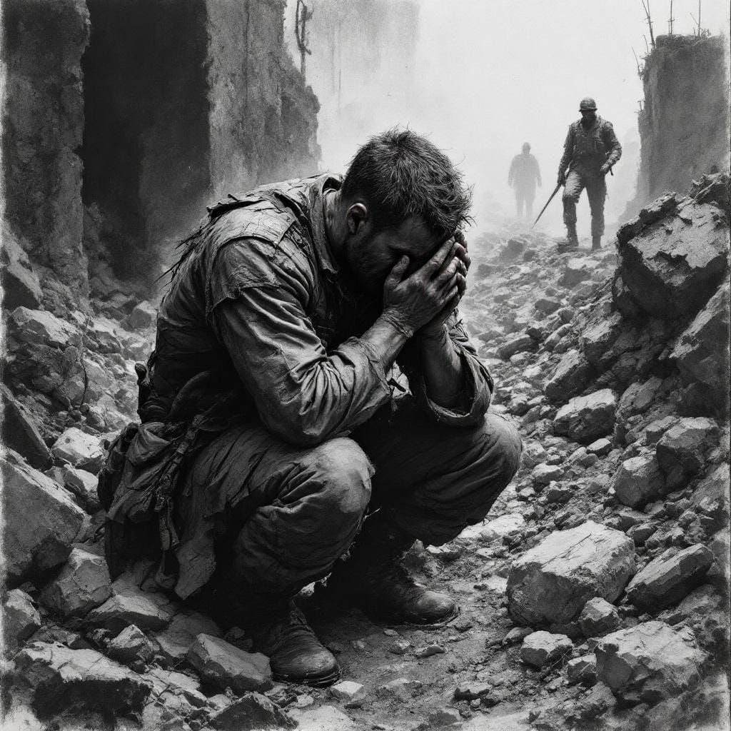 Grief-Stricken Soldier in War-Torn Landscape