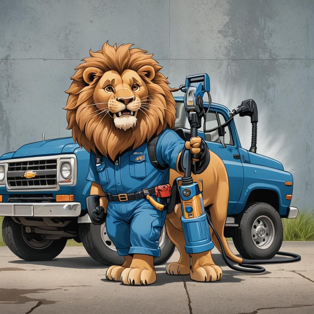 Cartoon Lion with Pressure Washer and Blue Truck