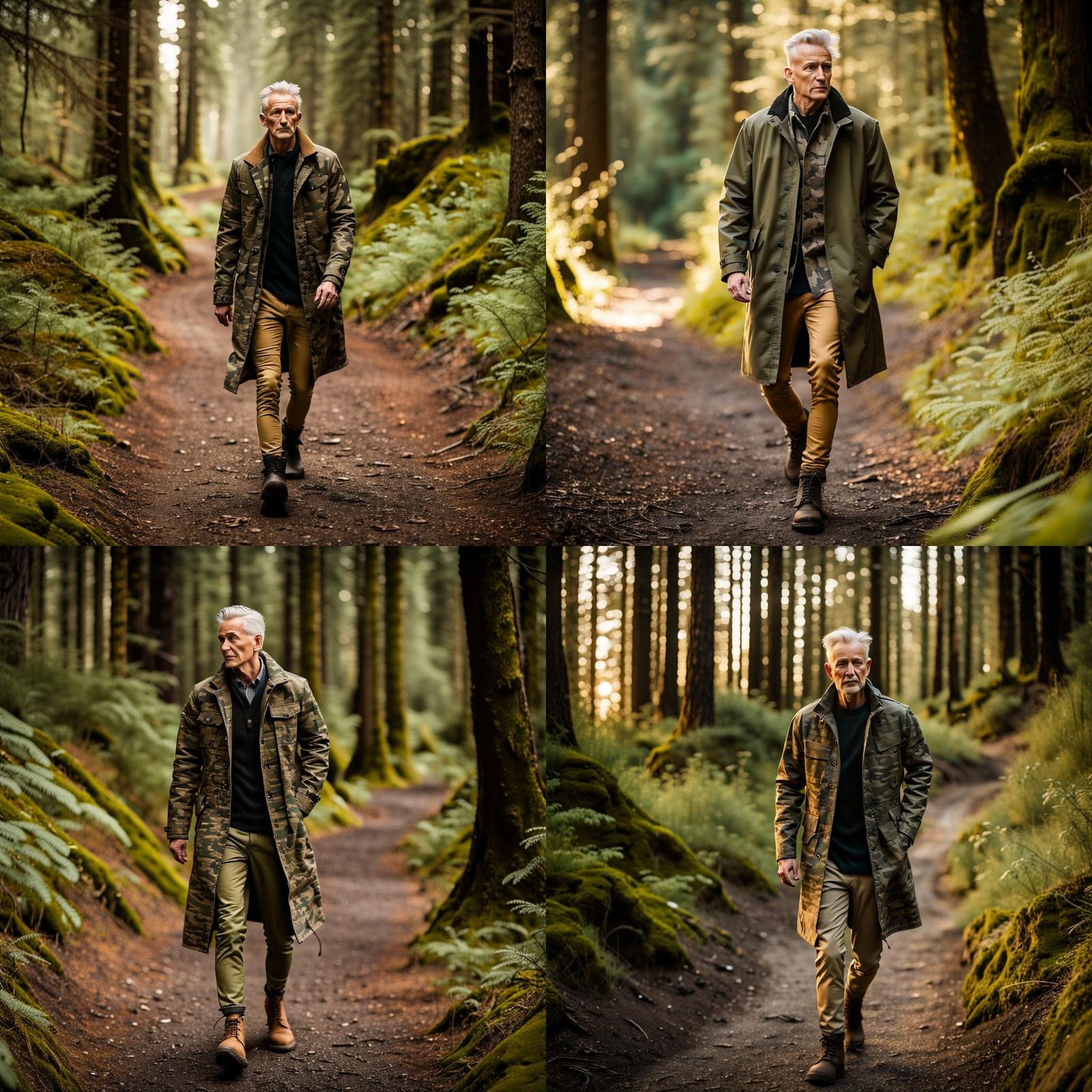 Stylish Man in Camo Coat Walks at Dawn