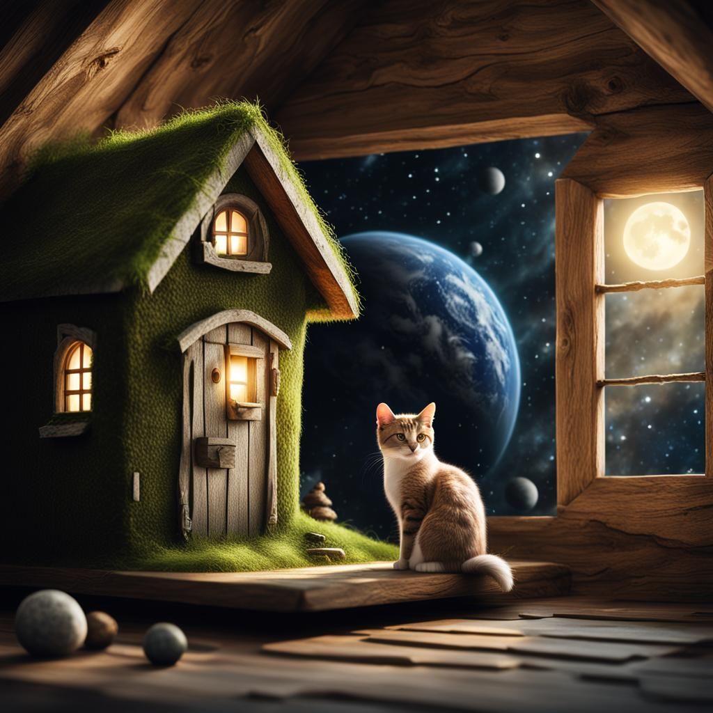 Hyperrealistic Cat in Tiny House Among Stars