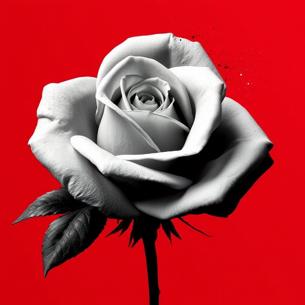 Black and White Rose with Red Glitch Background