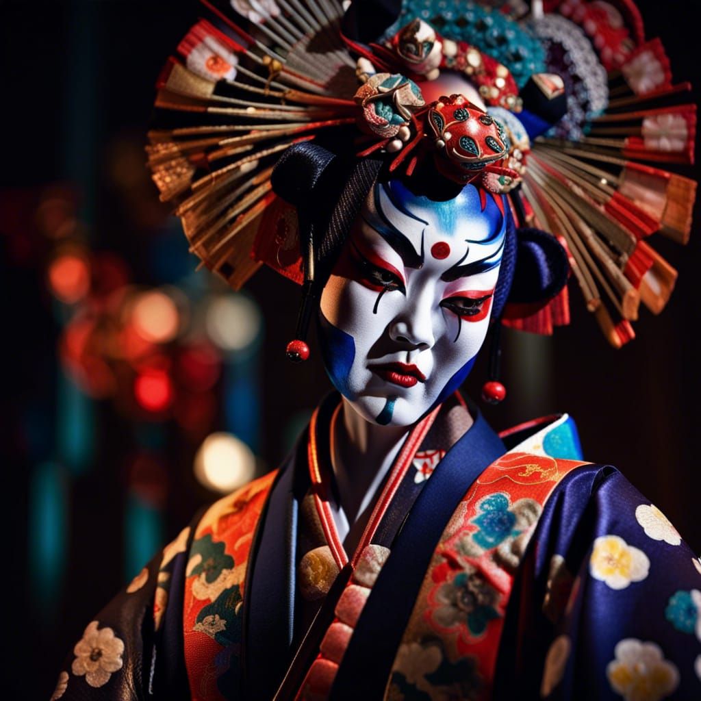 Glamorous Kabuki Performer in Dramatic Lighting