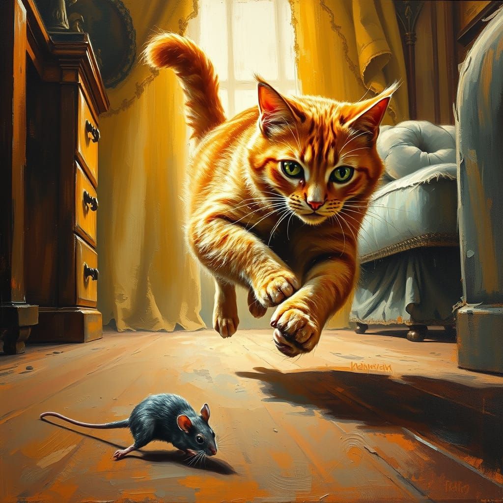 Expressive Orange Tabby Cat in Mid-Pounce, Oil Painting Styl...