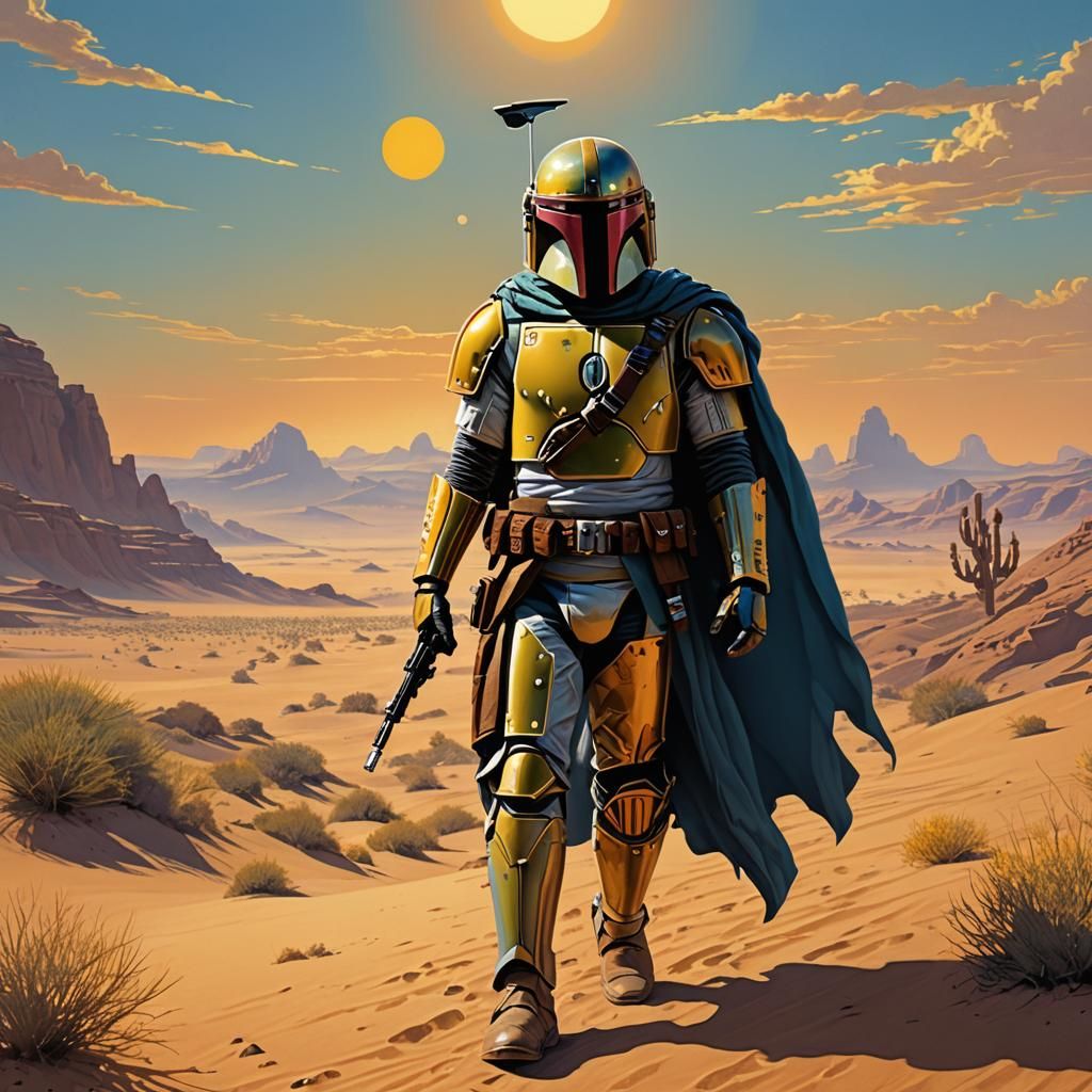 Boba Fett in Tatooine Desert: Moebius-Inspired Illustration