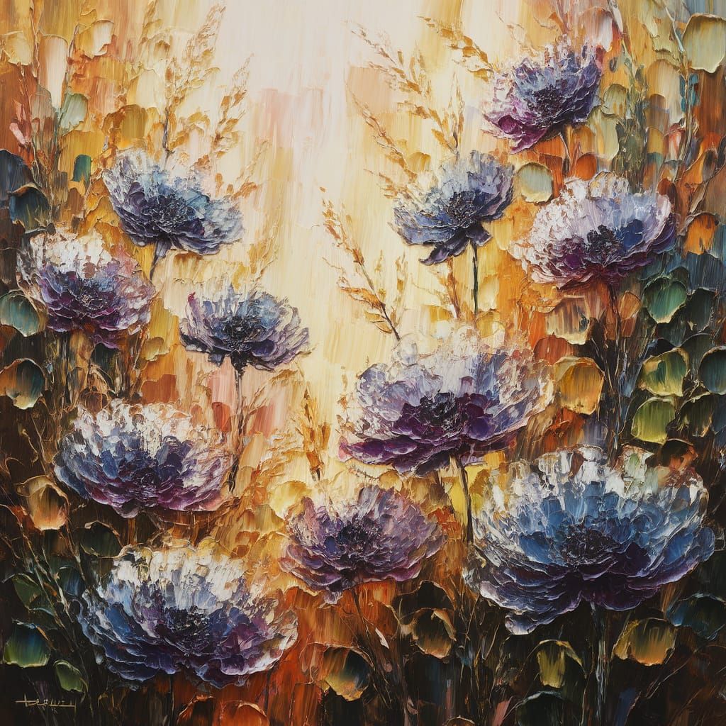 Vibrant impasto oil painting. Medium shot. Whorls of blue and violet flowers rise above foliage on branched spikes. Low-...