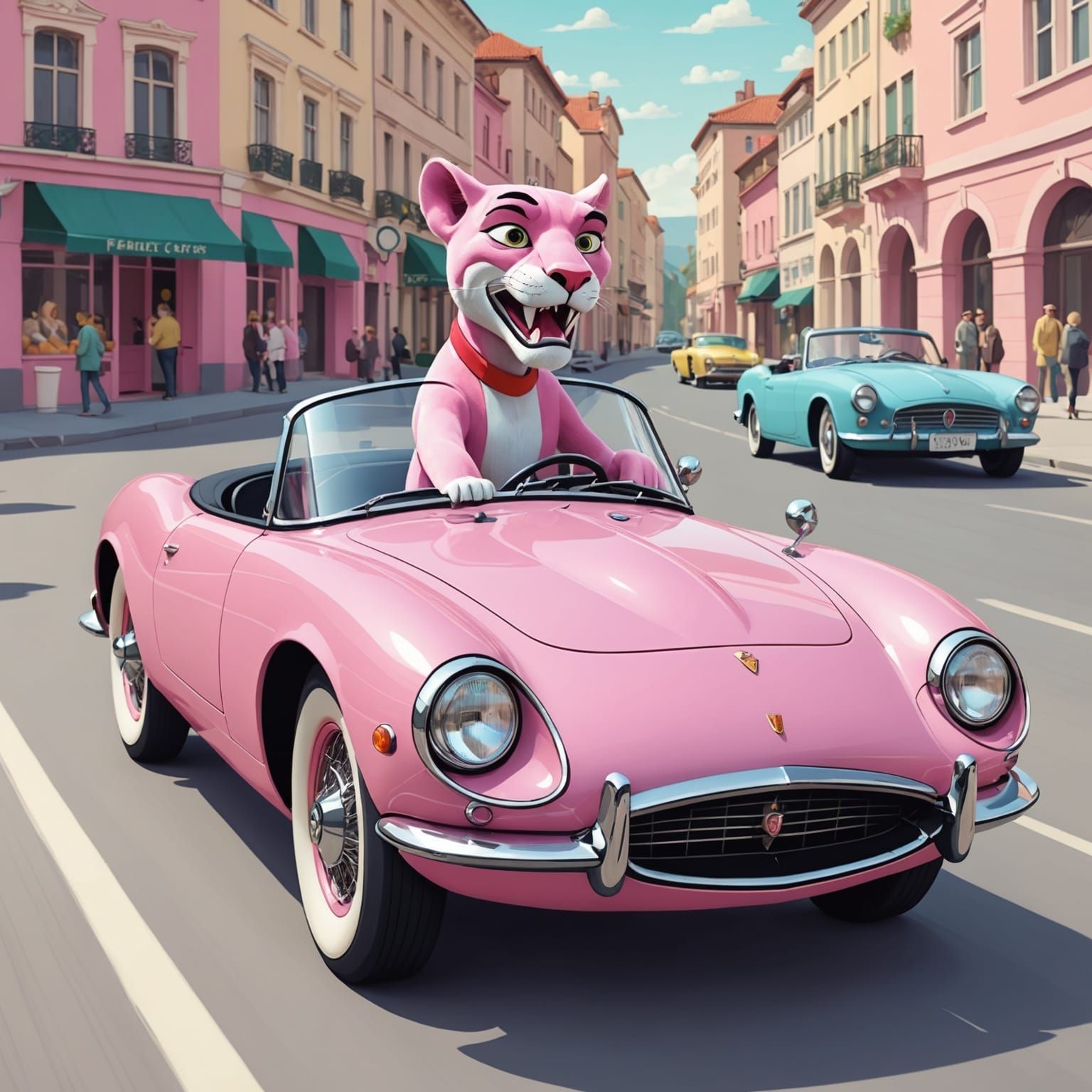 Pink Panther Emerges From Sports Car in 60s Cartoon Style