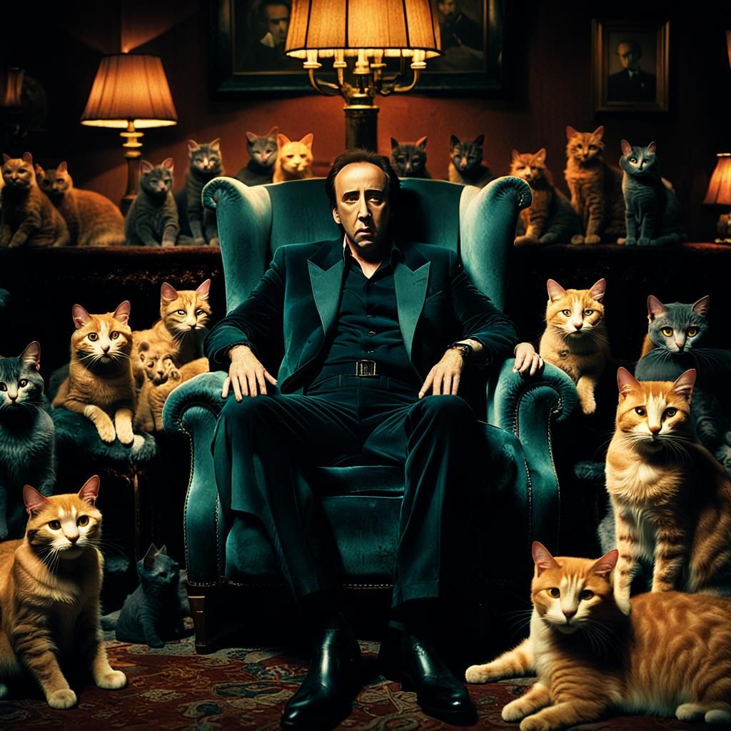 Nicolas Cage Surrounded by Cats in Film Noir Style