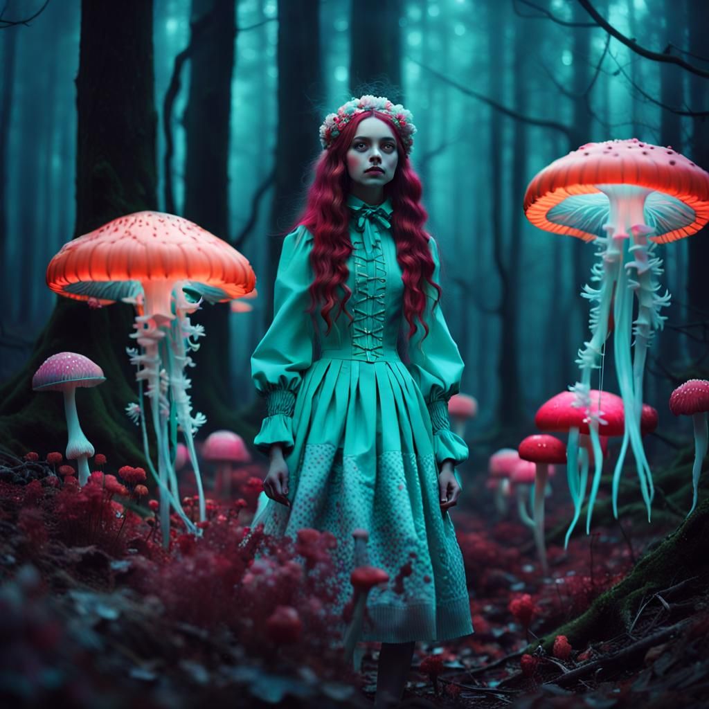 Steampunk Doll in Fluorescent Mushroom Forest