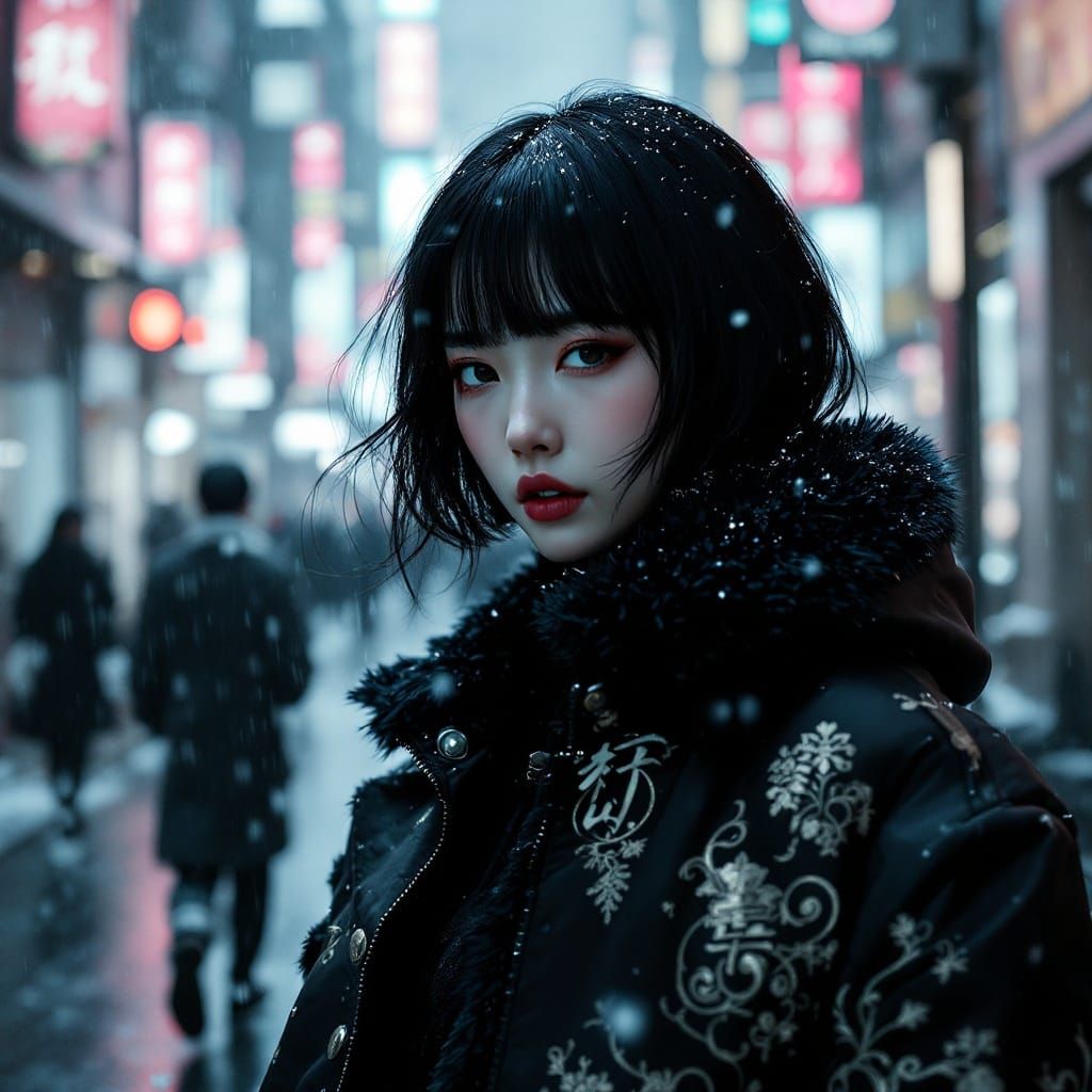 Japanese Woman in Snowstorm: K-Pop Hyperrealism