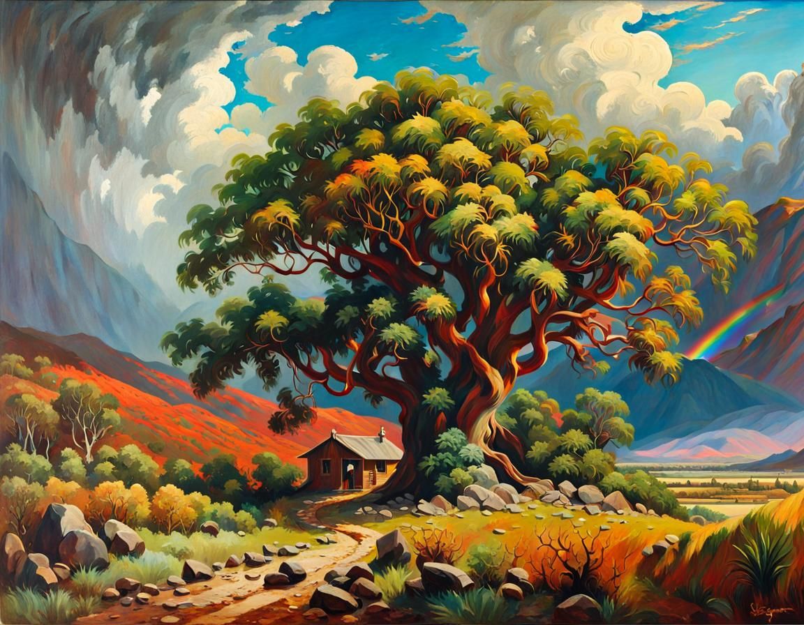 Cabin and Dragon's Blood Tree Landscape Painting