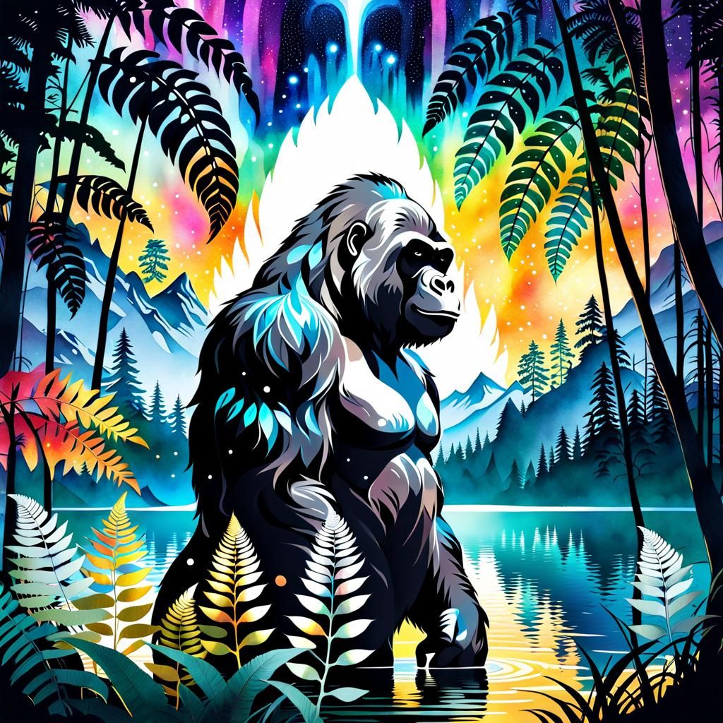 Double Exposure Gorilla in Watercolor Style
