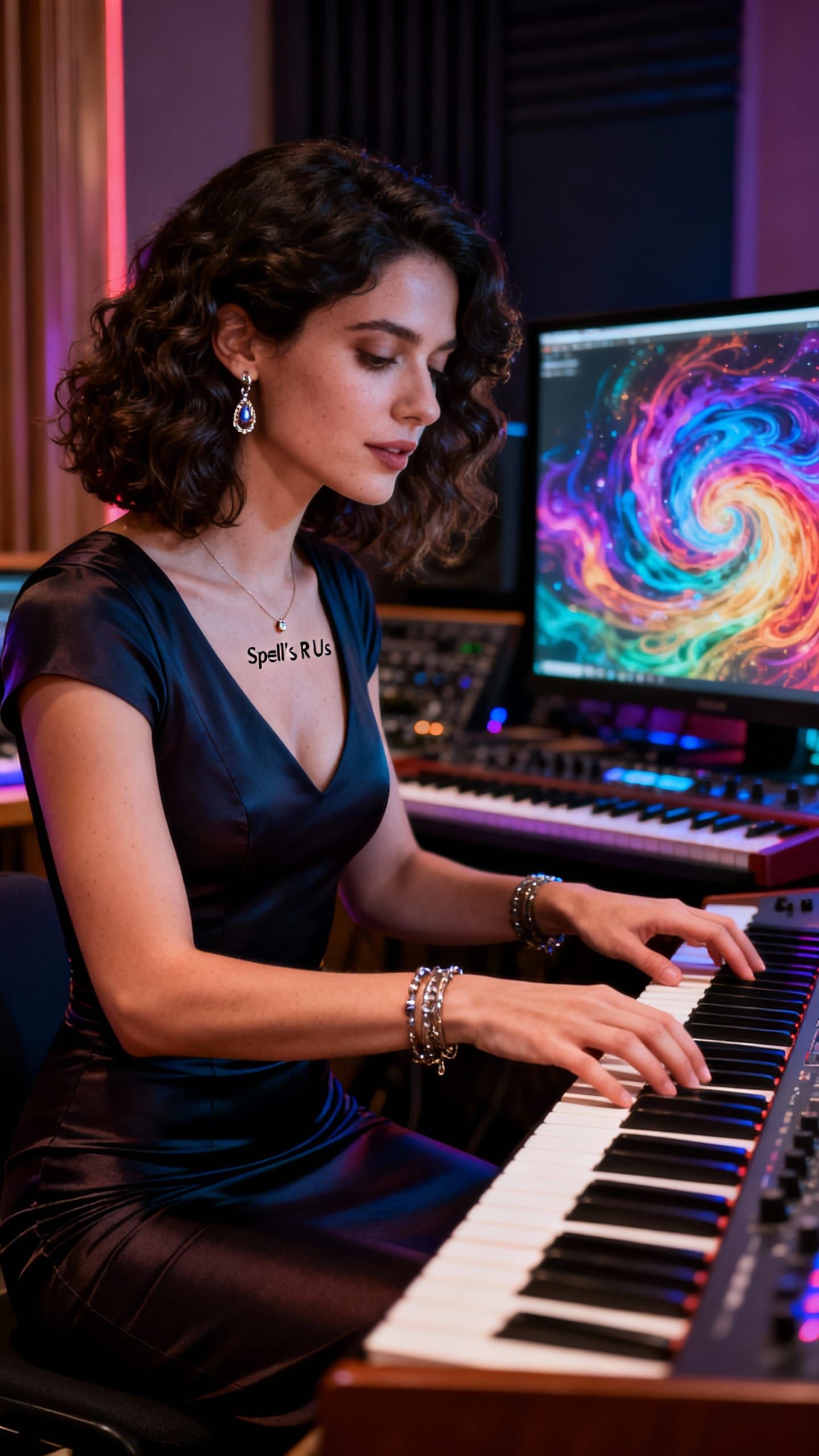 Sophisticated Woman Plays Synthesizer in Colorful Studio