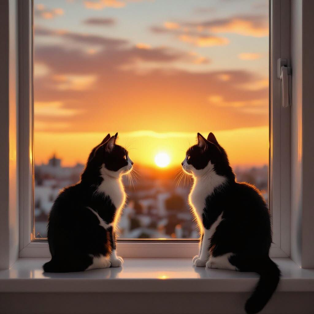 Black and White Cat Watching Sunset From Apartment Window