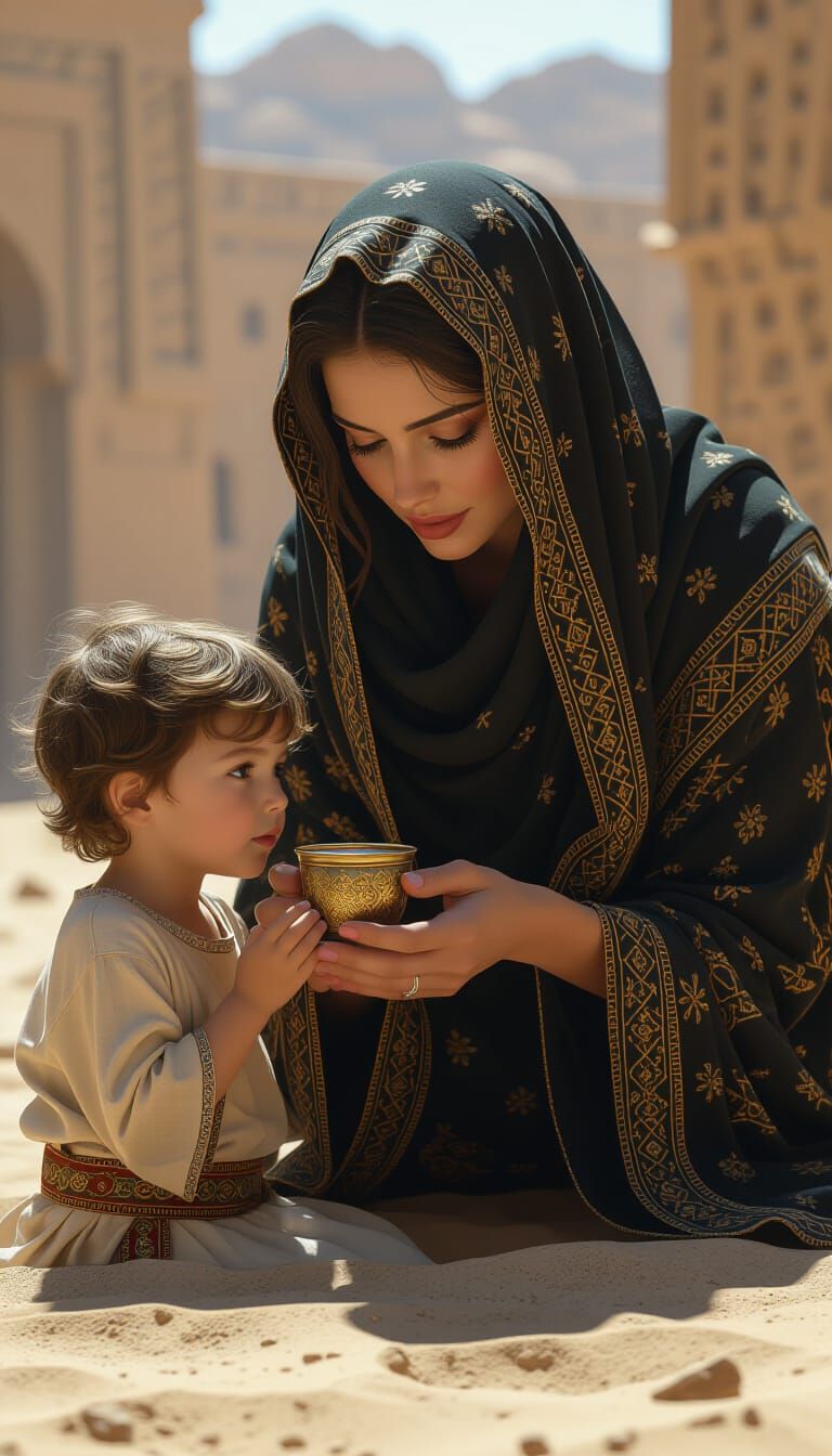 Pre-Islamic Era Mother Offers Cup to Child