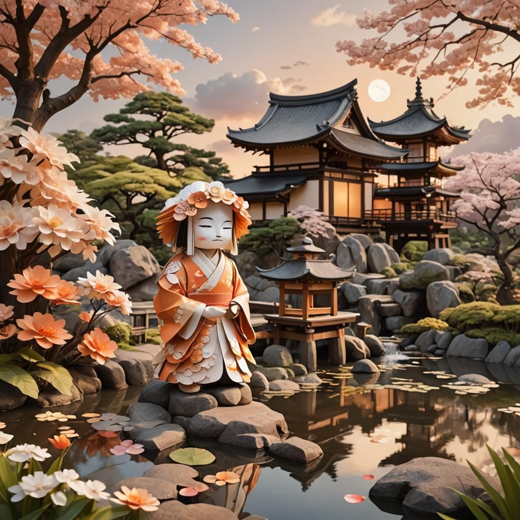 Zenfloral in Japanese Garden: Paper Art Style