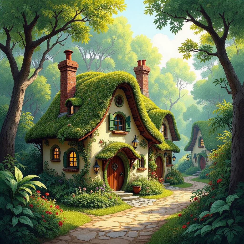 Miniature Village in Bush, Whimsical Illustration