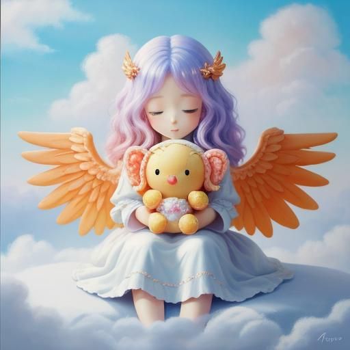 Orange Anime Girl with Plushie in Oil Painting Style