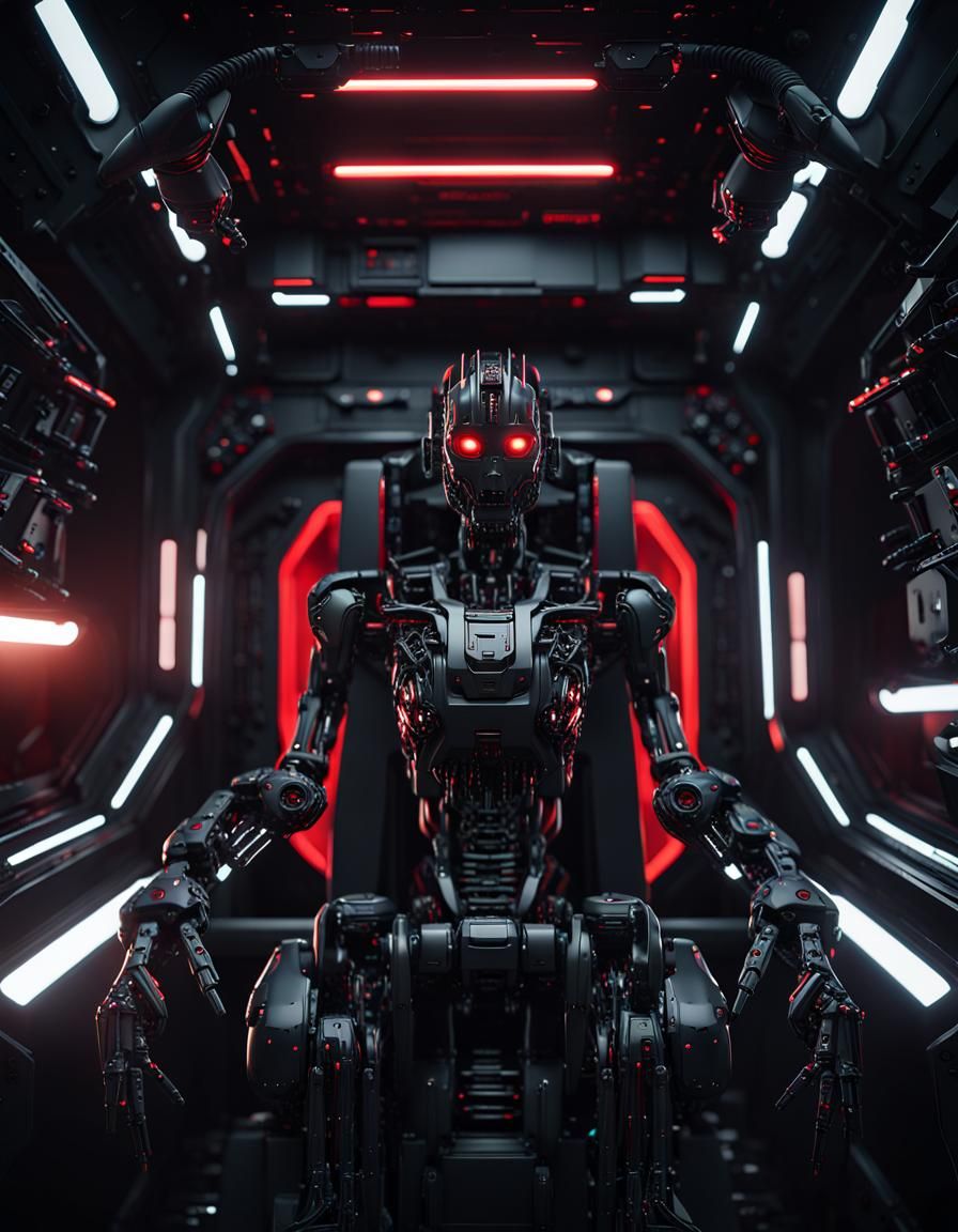 Futuristic Black Robot in Spaceship Cockpit