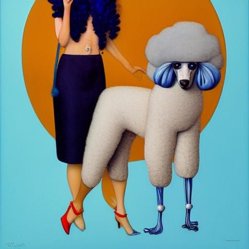 Blue-Haired Model and Poodle in Watercolor Style