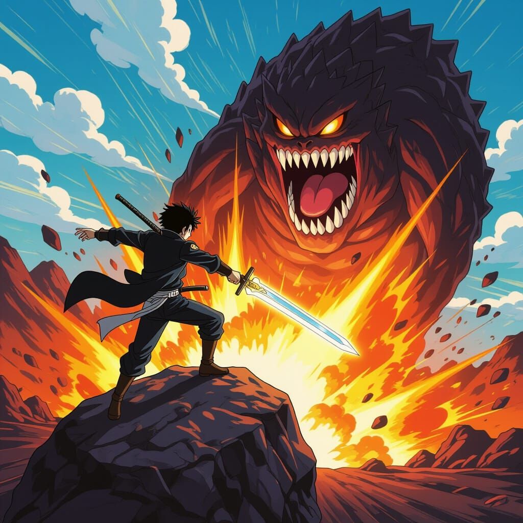 Anime Hero Rides Volcano Rock Towards Giant Monster