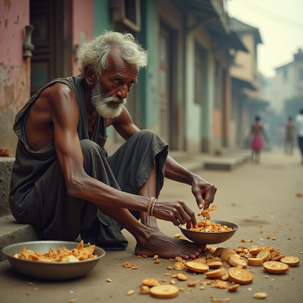Resilient Indian Man Cooking with Bare Feet