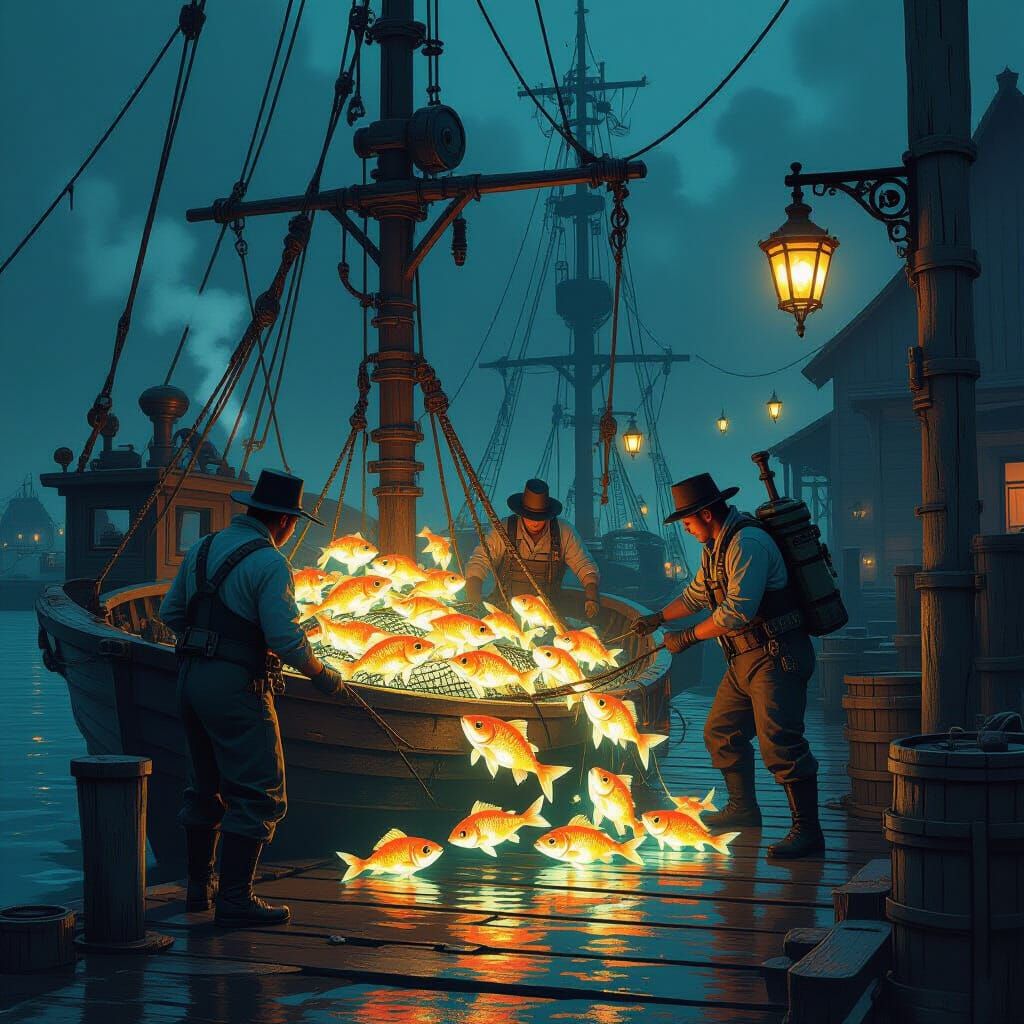 Steampunk Fishermen Hauling Glowing Fish in Industrial Grit