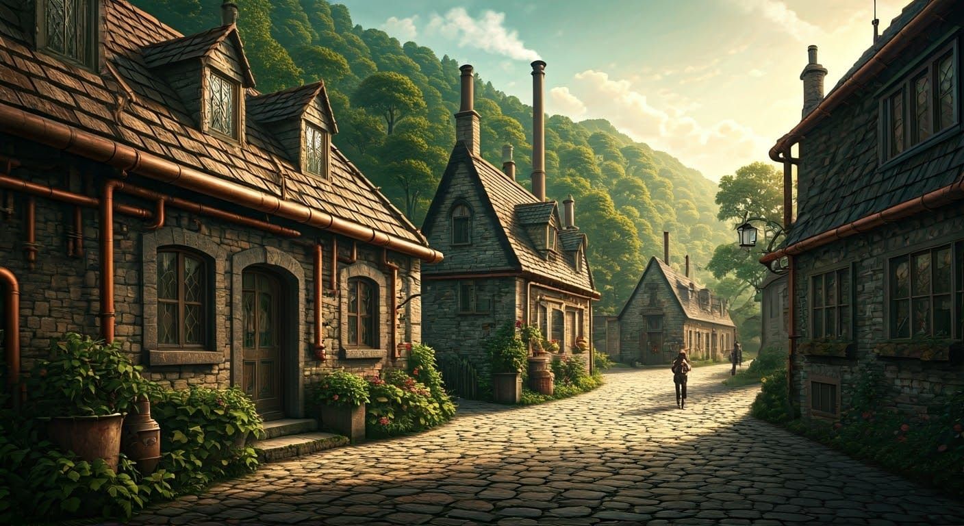 Steampunk Village in Lush Fantasy Valley