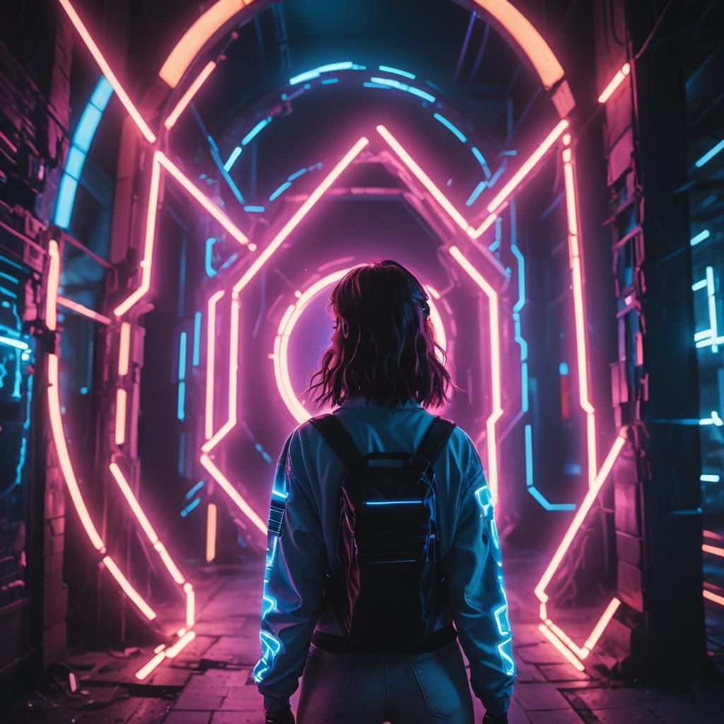 Girl Gazing into Neon Portal at Night