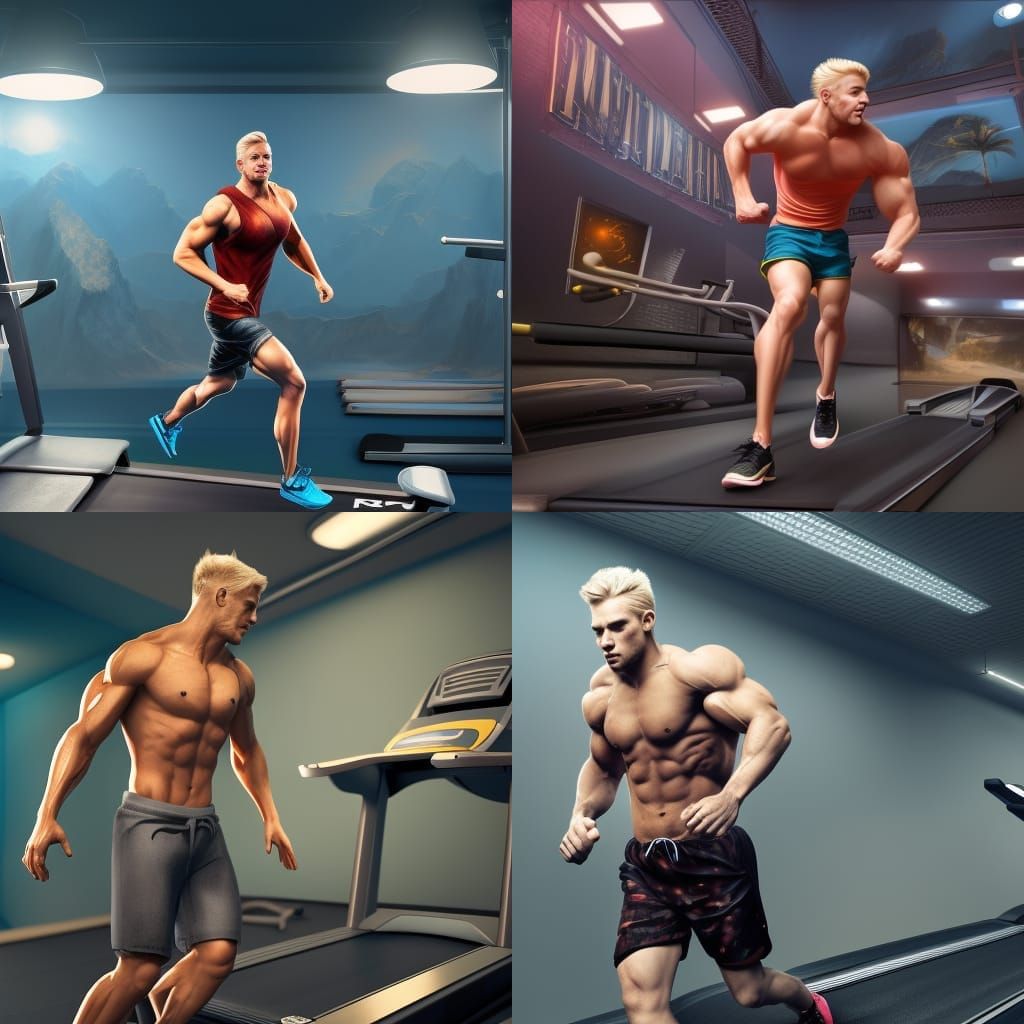 Muscular Blond Man Runs on Treadmill: Fantasy Concept Art
